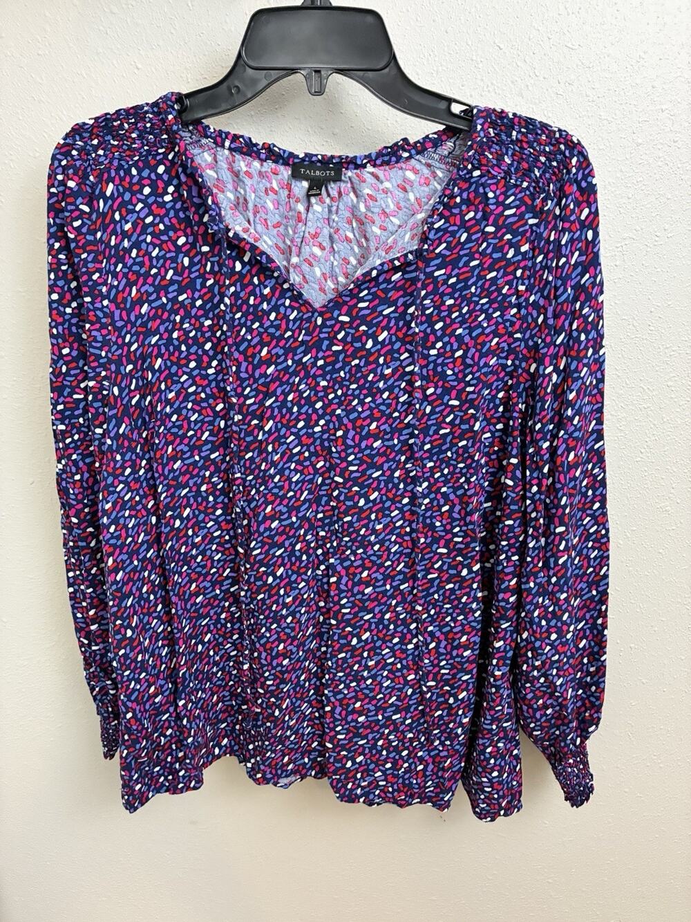 Talbots Womens Blouse White Red Blue Smocked Long Sleeve Drawstring Front L